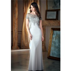 Fitted Bateau Neck Long Silver Satin Embroidery Beaded Evening Dress With Sleeves