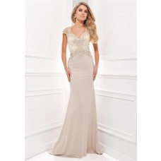 Fitted Cap Sleeve Sheer Back Long Champagne Chiffon Satin Embroidered Evening Prom Dress