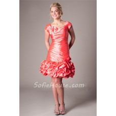 Fitted Cap Sleeve Short Coral Taffeta Ruched Prom Dress With Flowers