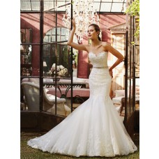 Fitted Flare Mermaid Sweetheart Tulle Lace Wedding Dress With Crystal Belt