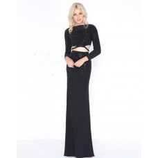 Fitted High Neck Open Back Long Sleeve Black Jersey Beaded Two Piece Prom Dress