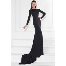 Fitted Long Sleeve Sheer Illusion Back Black Jersey Evening Prom Dress