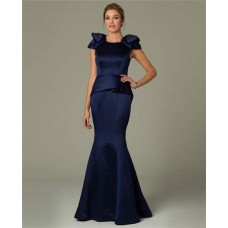Fitted Mermaid Cap Sleeve Navy Blue Satin Modest Occasion Evening Dress