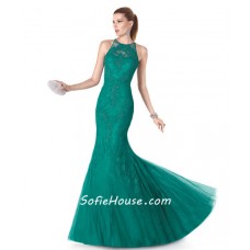 Fitted Mermaid High Neck Green Tulle Lace Applique Evening Prom Dress