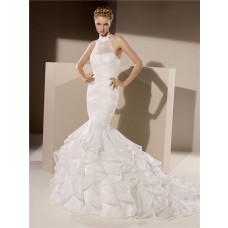 Fitted Mermaid High Neck Ruched Tulle Organza Ruffle Wedding Dress Corset Back