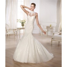 Fitted Mermaid High Neck See Through Beaded Lace Wedding Dress With Buttons