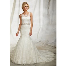 Fitted Mermaid Illusion Neckline Sheer Back Lace Wedding Dress With Straps Train 