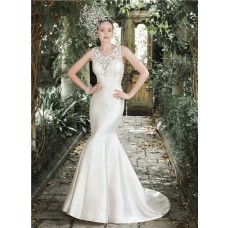 Fitted Mermaid Illusion See Through Back Champagne Satin Applique Wedding Dress