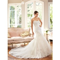 Fitted Mermaid Scoop Strapless Neckline Pleated Tulle Lace Wedding Dress Chapel Train