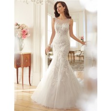 Fitted Mermaid Sheer Illusion Boat Neckline See Through Back Lace Beaded Wedding Dress