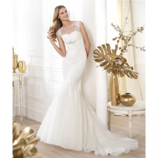 Fitted Mermaid Sheer Illusion Neckline Cap Sleeve Open Back Tulle Lace Wedding Dress 
