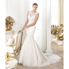 Fitted Mermaid Sheer Illusion Scoop Neckline Sleeveless Lace Wedding Dress 