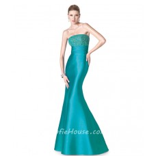 Fitted Mermaid Strapless Long Aqua Satin Beaded Special Occasion Evening Dress 