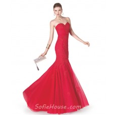 Fitted Mermaid Strapless Sweetheart Red Tulle Lace Long Evening Prom Dress
