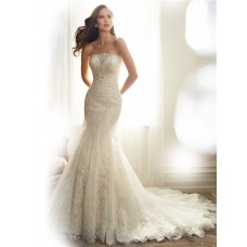 Fitted Mermaid Strapless Tulle Lace Applique Beaded Wedding Dress Corset Back