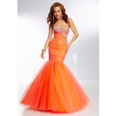 Fitted Mermaid Sweetheart Long Bright Orange Tulle Beaded Prom Dress Corset Back