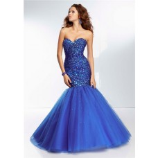 Fitted Mermaid Sweetheart Long Royal Blue Tulle Beaded Prom Dress Corset Back