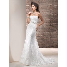 Fitted Sheath Strapless Lace Wedding Dress With Swarovski Crystals Sash