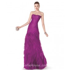Fitted Strapless Long Fuchsia Ruched Tulle Ruffle Evening Dress