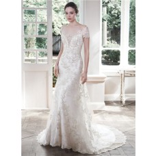 Fitted Trumpet Illusion Bateau Neck Backless Lace Sleeve Wedding Dress
