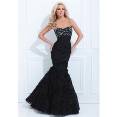Fitted Trumpet Mermaid Sweetheart Neckline Black Chiffon Beaded Floral Evening Prom Dress