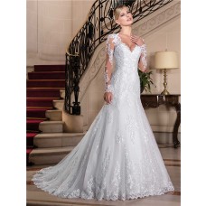 Fitted Trumpet V Neck Sheer Back Long Sleeve Tulle Lace Wedding Dress With Buttons