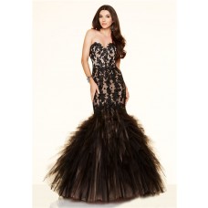 Flared Mermaid Strapless Black Tulle Ruffle Lace Applique Beaded Prom Dress