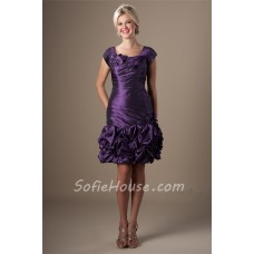 Flirty Sheath Cap Sleeve Short Purple Taffeta Ruched Party Prom Dress