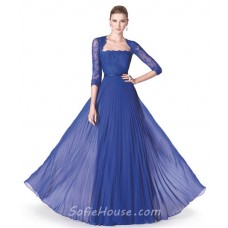 Flowing A Line Royal Blue Chiffon Pleated Special Occasion Evening Dress Lace Sleeves