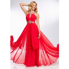 Flowing Sexy Split Front Low Back Long Red Chiffon Beading Prom Dress With Straps