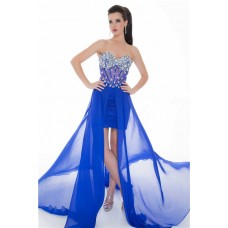 Flowing Strapless Long Royal Blue Chiffon Beaded Sheer Corset Party Prom Dress