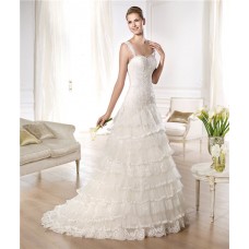 Folk Style A Line Sweetheart Low Back Tiered Tulle Lace Wedding Dress With Straps