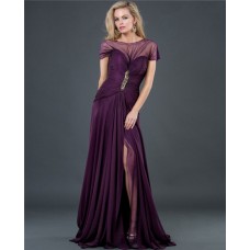 Formal A Line Long Purple Chiffon Slit Evening Dress With Sleeve Low Back