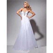 Formal A Line Princess Sweetheart White Chiffon Evening Prom Dress Beading