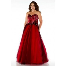 Formal A Line Strapless Long Red Sequins Tulle Plus Size Evening Prom Dress