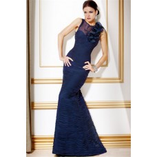 Formal Mermaid Long Navy Blue Pleated Chiffon Evening Dress With Flowers