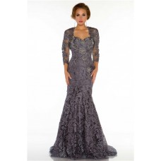 Formal Mermaid Sweetheart Long Charcoal Grey Lace Beaded Evening Dress With Sleeves Jacket