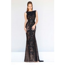 Formal Sheath Bateau Neck Backless Long Black Lace Beaded Evening Prom Dress With Belt