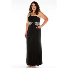 Formal Sheath One Shoulder Long Black Jersey Beaded Plus Size Evening Prom Dress