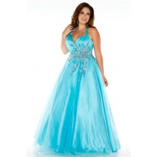 Gorgeous A Line Halter Long Aqua Blue Tulle Unique Beading Plus Size Prom Dress