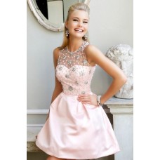 Gorgeous A Line Illusion Neckline Short Baby Pink Satin Beaded Prom Dress Open Back