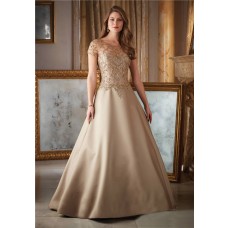 Gorgeous A Line Long Gold Satin Tulle Beaded Formal Occasion Evening Dress With Sleeves