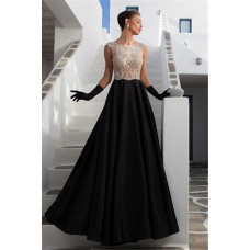 Gorgeous A Line Sleeveless Black Satin Tulle Beaded See Through Prom Dress