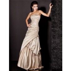 Gorgeous A Line Strapless Long Champagne Satin Beaded Evening Prom Dress 