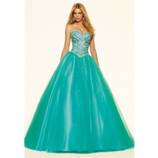 Gorgeous Ball Gown Drop Waist Turquoise Tulle Beaded Prom Dress Corset Back