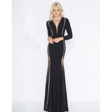 Gorgeous Deep V Neck Full Back Long Sleeve Black Jersey Beaded Evening Dress With Slit