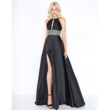 Gorgeous Jewel Neckline Keyhole Front Black Charmeuse Beaded Prom Dress With Belt