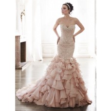 Gorgeous Mermaid Strapless Blush Pink Organza Ruffle Crystal Beaded Wedding Dress