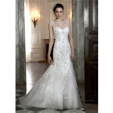Gorgeous Mermaid Sweetheart Open Back Tulle Applique Beaded Wedding Dress With Straps