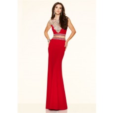 Gorgeous Two Piece Cap Sleeve Open Back See Through Tulle Red Jersey Beaded Prom Dress 